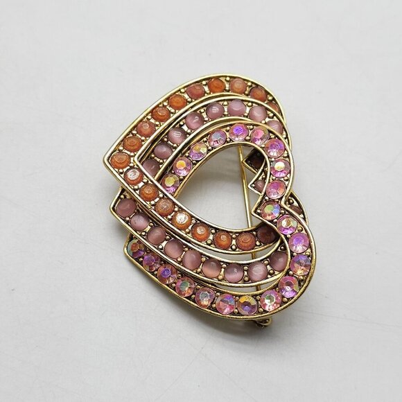 Vintage Liz Claiborne Gold Tone Interlocking Heart Brooch With Pink Rhinestones - Picture 2 of 6
